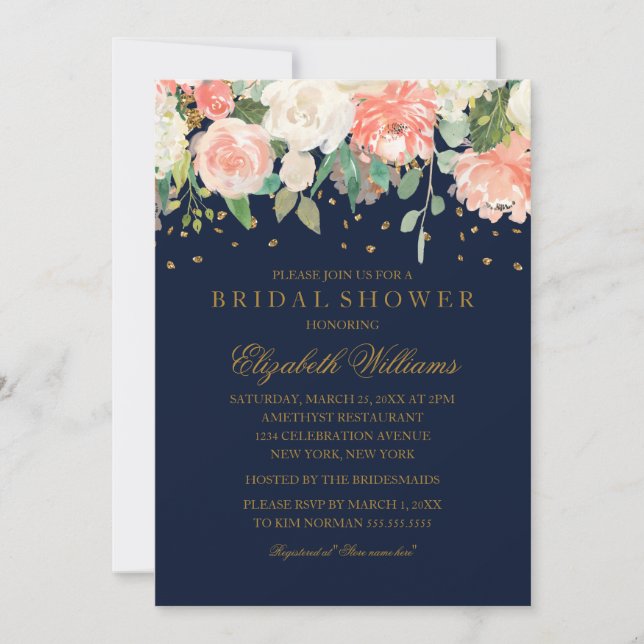 Floral Glitter Sparkling Peach Navy Bridal Shower Invitation (Front)