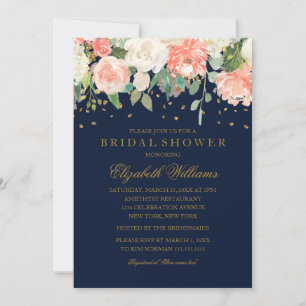 Floral Glitter Sparkling Peach Navy Bridal Shower Invitation