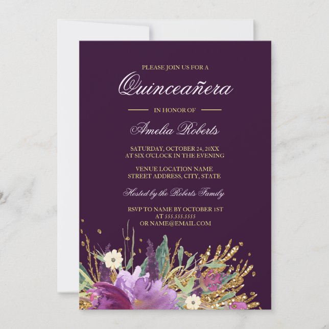 Floral Glitter Sparkling Quinceanera Invitation (Front)
