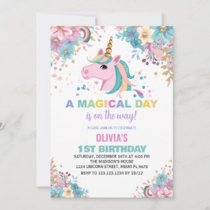 Floral Glitter Unicorn Birthday Invitations