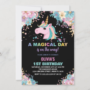 Floral Glitter Unicorn Birthday Invitations