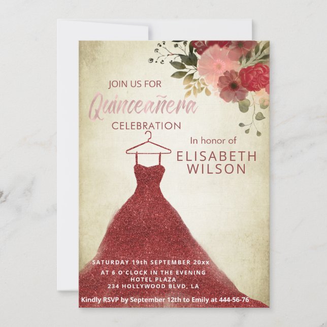 Floral glittery burgundy dress Quinceañera  Invita Invitation (Front)