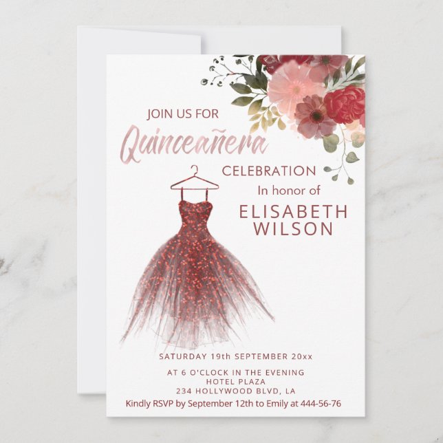 Floral glittery burgundy dress Quinceañera  Invitation (Front)