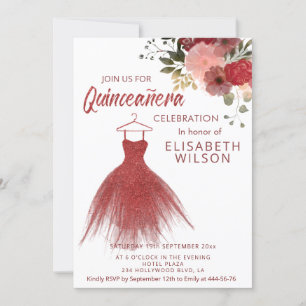 Floral glittery red dress Quinceañera Invitation
