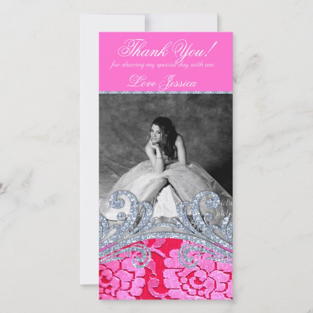 Floral Glitzy Quinceanera Sweet Sixteen Lace Thank You Card (Front)