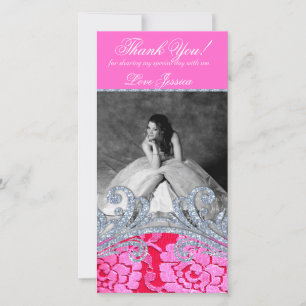 Floral Glitzy Quinceanera Sweet Sixteen Lace Thank You Card
