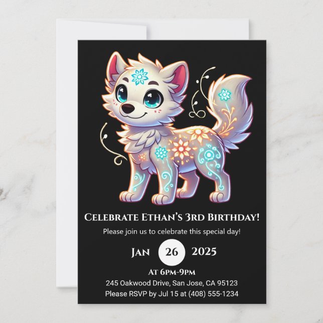 Floral Glow Pup Birthday Invitation (Front)