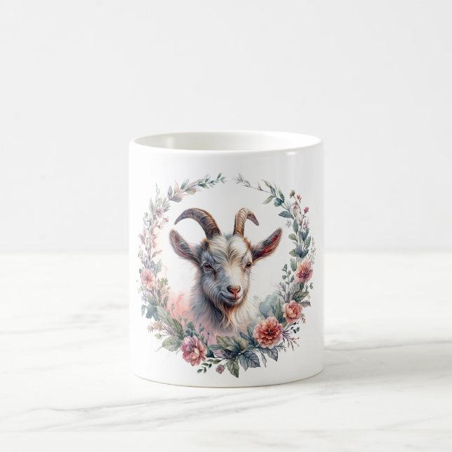 Floral Goat Watercolor Portrait Coffee Mug (Center)