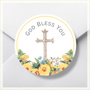 Floral God Bless You Religious Classic Round Sticker