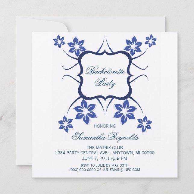 Floral Goddess Bachelorette Party Invite Dark Blue (Front)