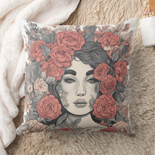 Floral Goddess  – Elegant Woman with Roses Cushion (Blanket)