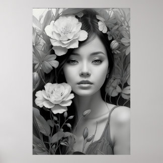 Floral Goddess in Black and White Poster