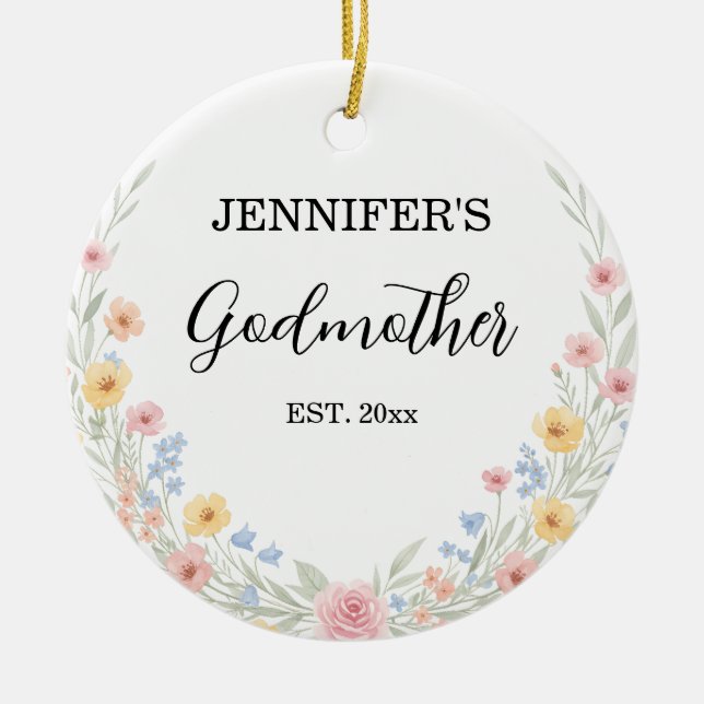 Floral Godmother Custom Name and Year Ceramic Tree Decoration (Front)