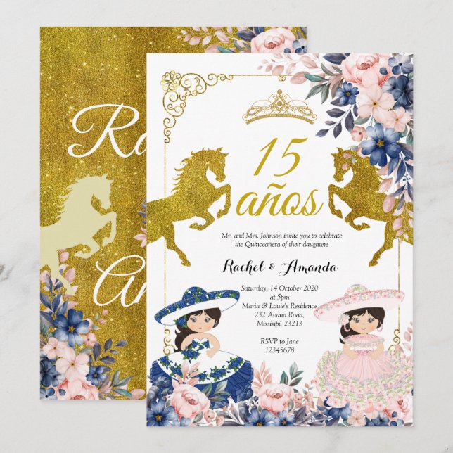 Floral Gold 15 años Twin Quinceañera Invitation (Front/Back)