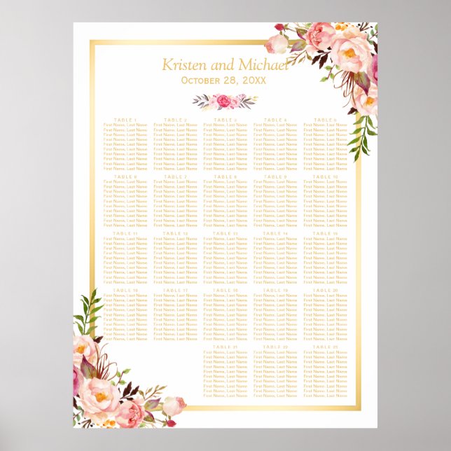 Floral Gold | 20+ Tables Wedding Seating Chart (Front)