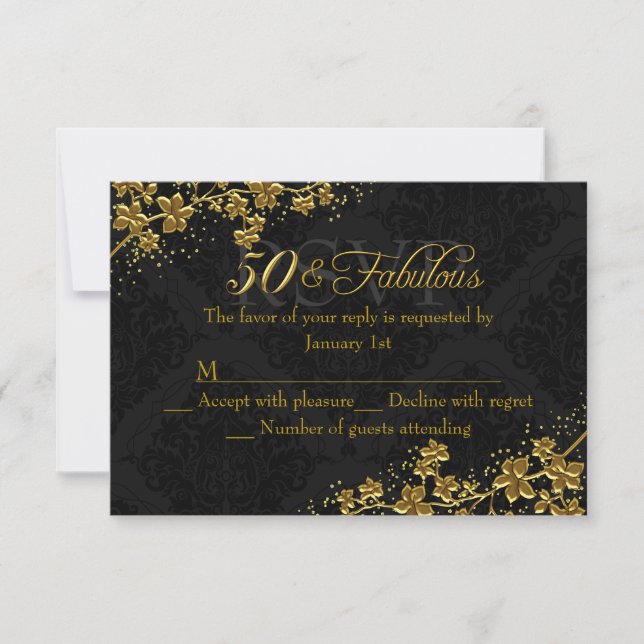 Floral Gold 50 & Fabulous Birthday RSVP (Front)