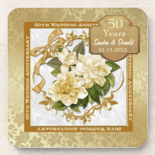 Floral Gold  50th Wedding Anniversary Coaster
