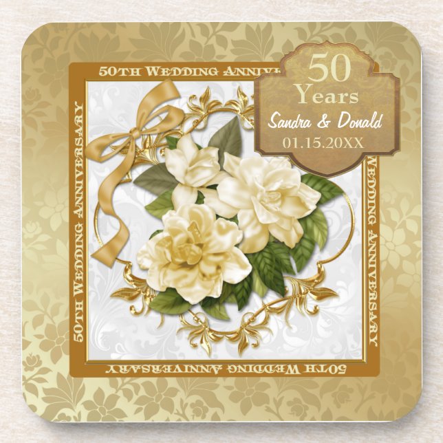 Floral Gold  50th Wedding Anniversary Coaster (Front)