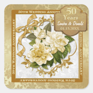 Floral Gold 50th Wedding Anniversary Square Sticker