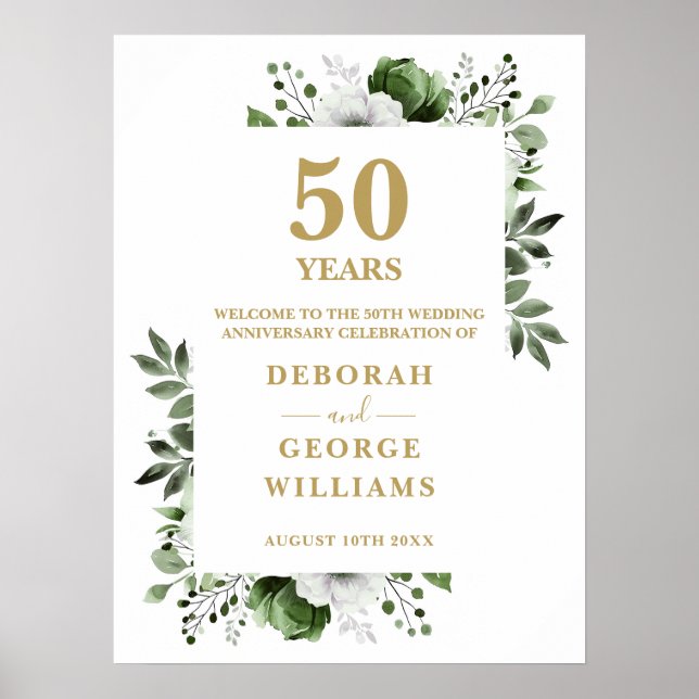 Floral Gold 50th Wedding Anniversary Welcome Sign (Front)
