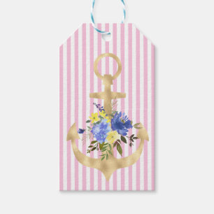 Floral Gold Anchor on Pink Stripes Gift Tag