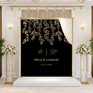 Floral Gold And Black Elegant Wedding Backdrop Tapestry