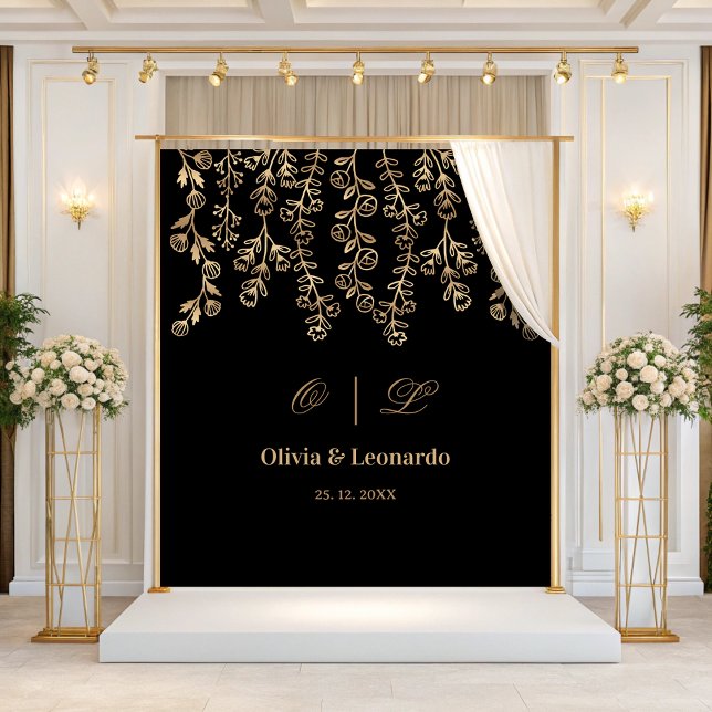 Floral Gold And Black Elegant Wedding Backdrop Tapestry (Creator Uploaded)