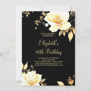 Floral Gold and Black Printable 40th Birthday Invitation
