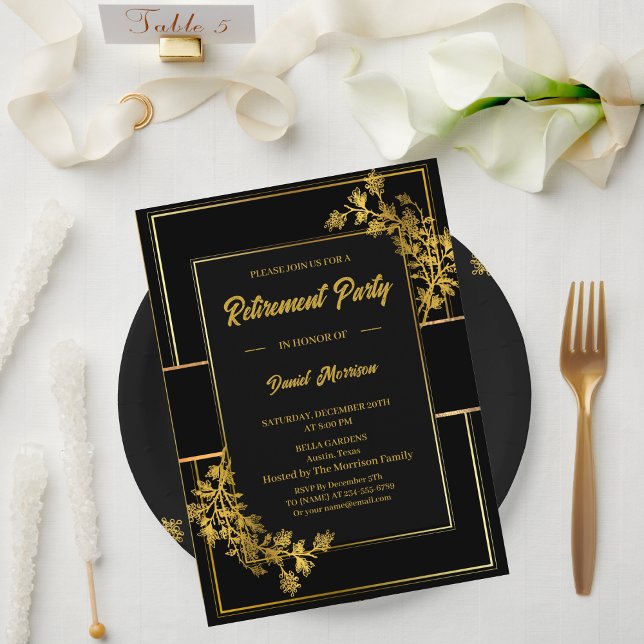 Floral Gold and Black Retirement Party 2024 Invitation (Creator Uploaded)