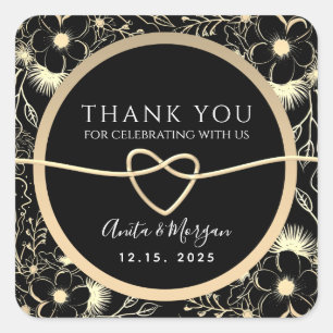 Floral Gold and Black Wedding Thank You Square Sticker