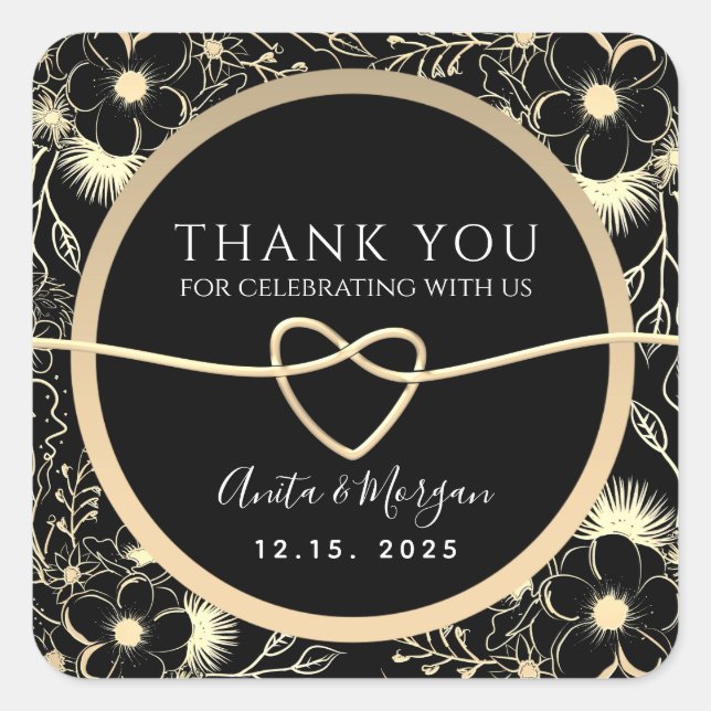 Floral Gold and Black Wedding Thank You Square Sticker (Front)