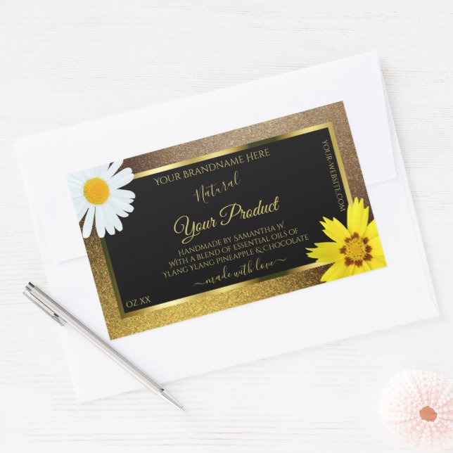 Floral Gold and Brown Glitter Black Product Labels (Envelope)