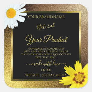 Floral Gold and Brown Glitter Black Product Labels