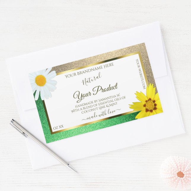 Floral Gold and Green Glitter White Product Labels (Envelope)