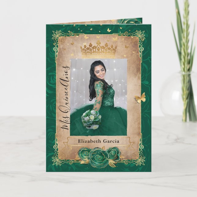 Floral Gold and Green Quinceañera Photo Folded Invitation (Front)