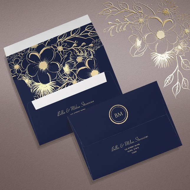 Floral Gold and Navy Blue Wedding Envelope (Creator Uploaded)