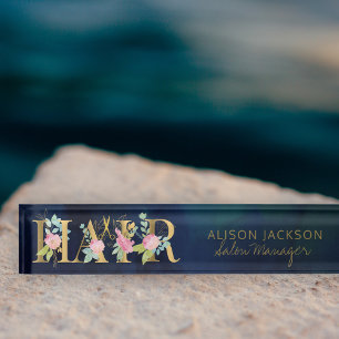 Floral gold and navy typography hair salon manager nameplate
