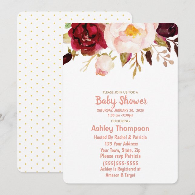 Floral Gold and Pink Girls Baby Shower Invitation (Front/Back)