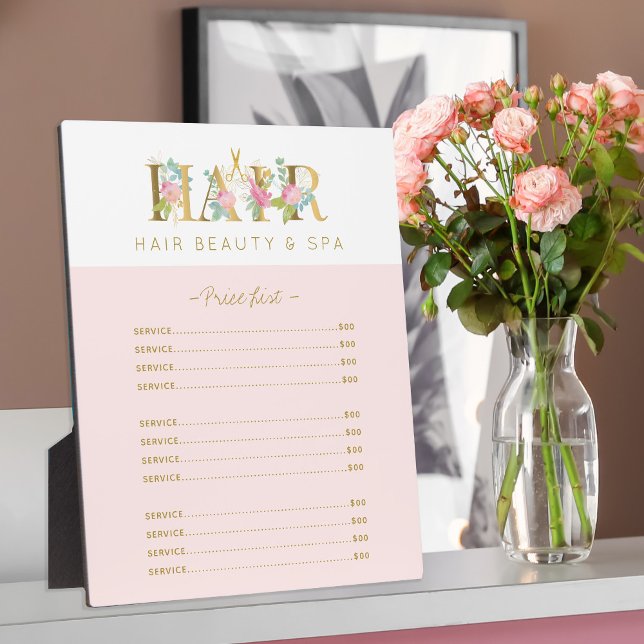 Floral gold and pink hair salon services list plaque (Creator Uploaded)