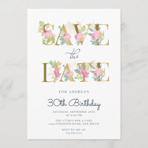 Floral Gold and Pink Letters Birthday Invitation