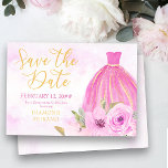 Floral Gold and Pink Princess Gown Save The Date<br><div class="desc">Pretty floral save the date - perfect for a quinceanera or sweet 16 celebration. The design features a pink and gold princess dress, beautiful pink roses and flowers on a galaxy style watercolor wash. Save the Date is lettered in elegant script and the template is ready for you to add...</div>