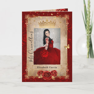 Floral Gold and Red Quinceañera Photo Folded Invitation
