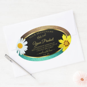 Floral Gold and Teal Glitter Black Product Labels