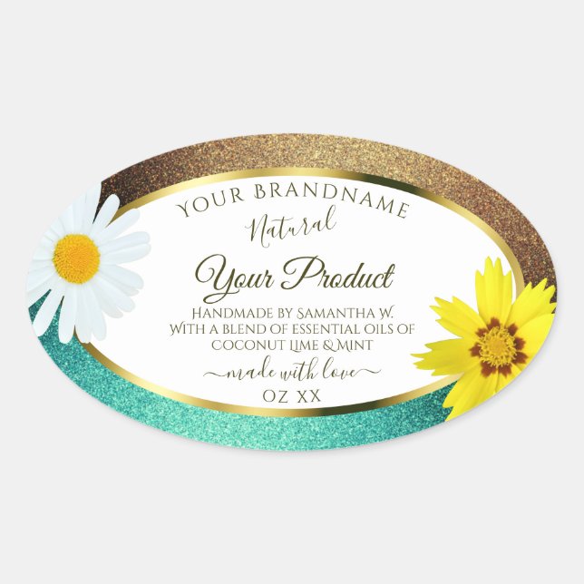 Floral Gold and Teal Glitter White Product Labels (Front)