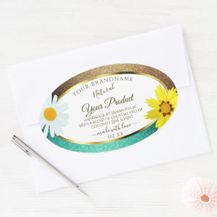 Floral Gold and Teal Glitter White Product Labels