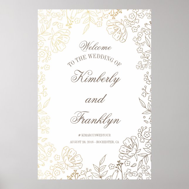 Floral Gold and White Huge Wedding Welcome Sign (Front)