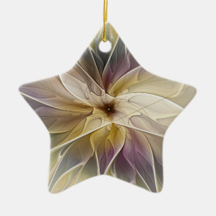Floral Gold Aubergine Abstract Fractal Art Star Ceramic Tree Decoration