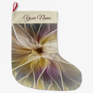 Floral Gold Aubergine Modern Abstract Fractal Name Large Christmas Stocking