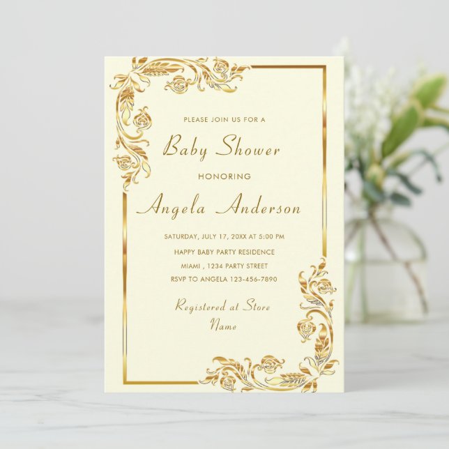 Floral Gold Baby Girl Shower Invitation Template (Standing Front)