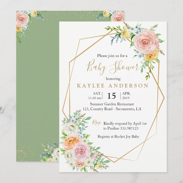 Floral gold Baby shower invitation card (Front/Back)